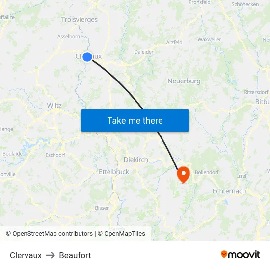 Clervaux to Beaufort map