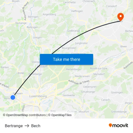 Bertrange to Bech map