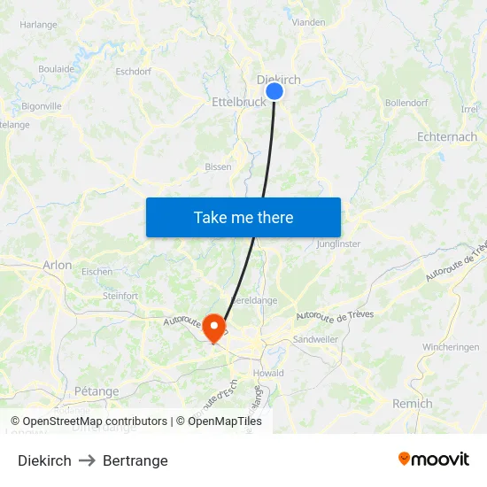 Diekirch to Bertrange map