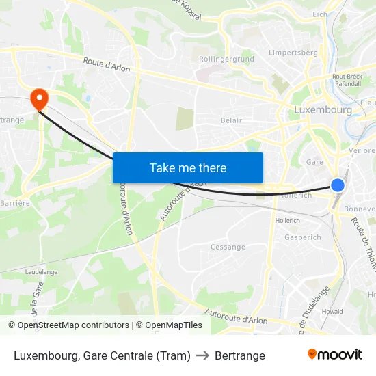 Luxembourg, Gare Centrale (Tram) to Bertrange map