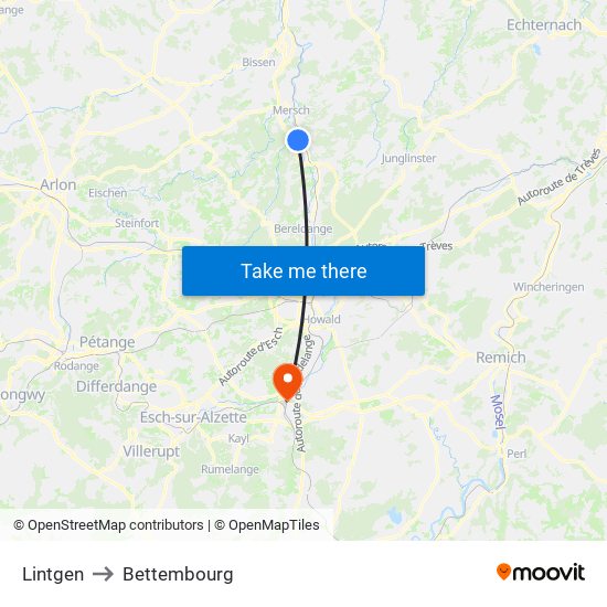 Lintgen to Bettembourg map