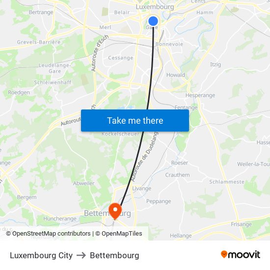 Luxembourg City to Bettembourg map