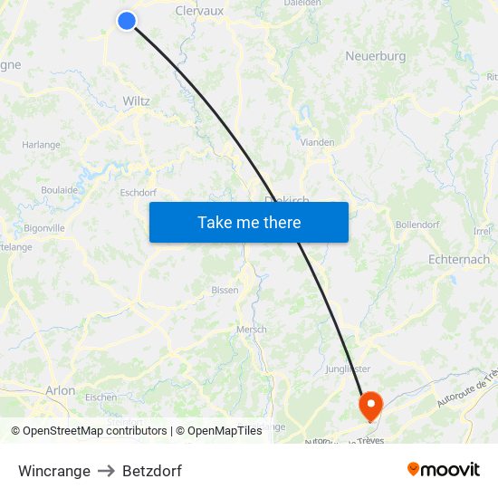 Wincrange to Betzdorf map