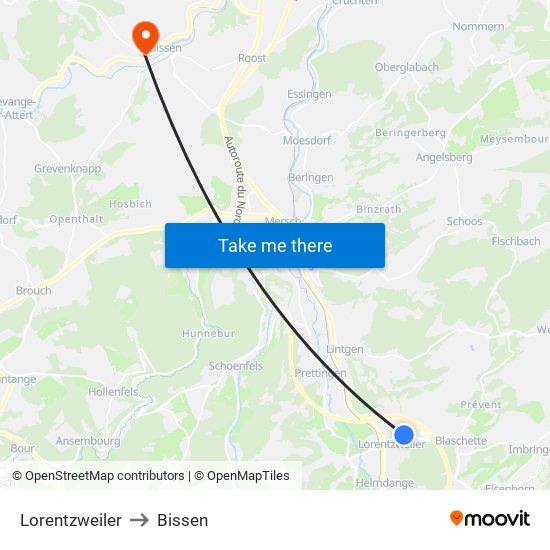 Lorentzweiler to Bissen map