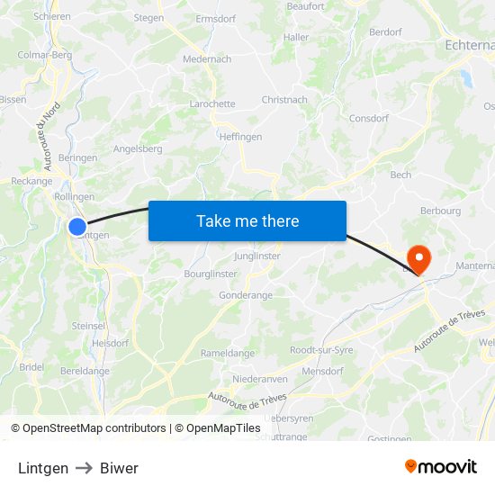 Lintgen to Biwer map