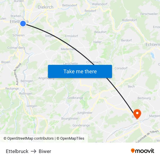 Ettelbruck to Biwer map