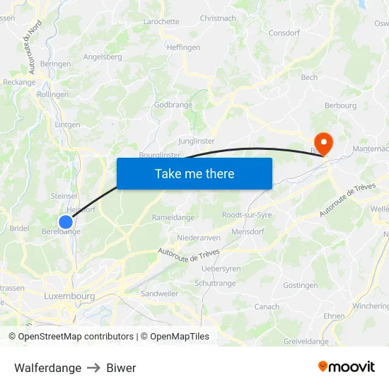 Walferdange to Biwer map