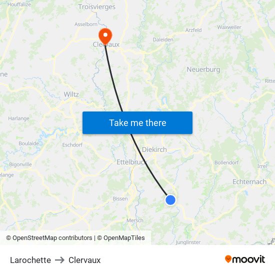 Larochette to Clervaux map