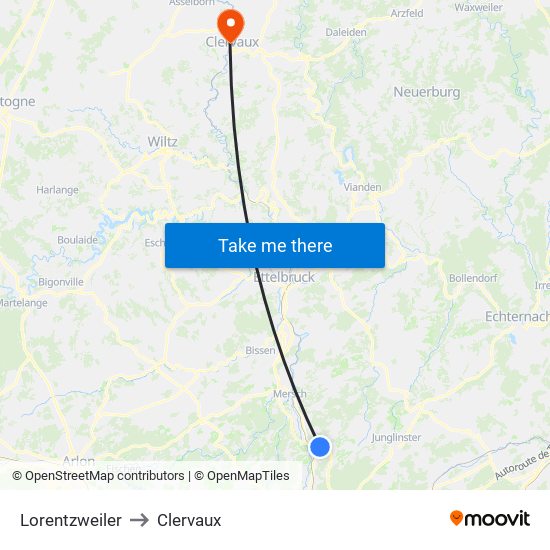 Lorentzweiler to Clervaux map