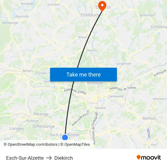 Esch-Sur-Alzette to Diekirch map