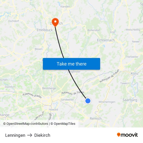 Lenningen to Diekirch map