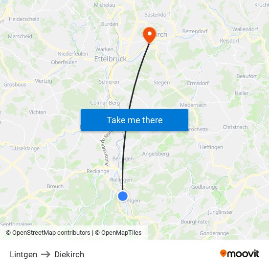 Lintgen to Diekirch map