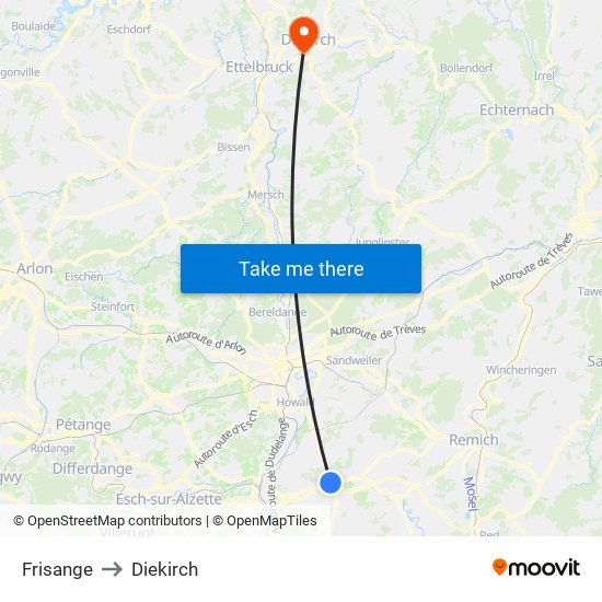 Frisange to Diekirch map