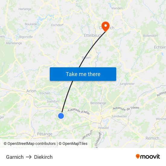 Garnich to Diekirch map