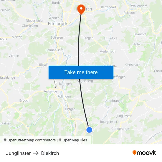 Junglinster to Diekirch map