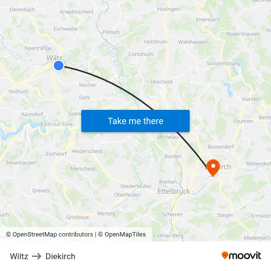 Wiltz to Diekirch map