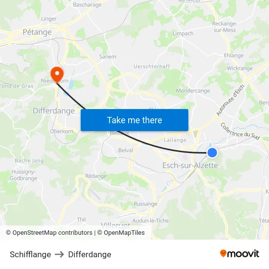 Schifflange to Differdange map