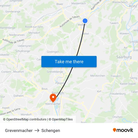 Grevenmacher to Schengen map