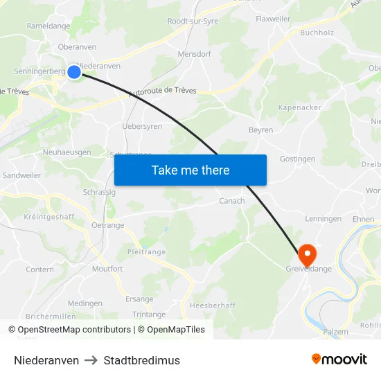 Niederanven to Stadtbredimus map