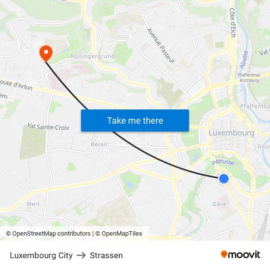 Luxembourg City to Strassen map