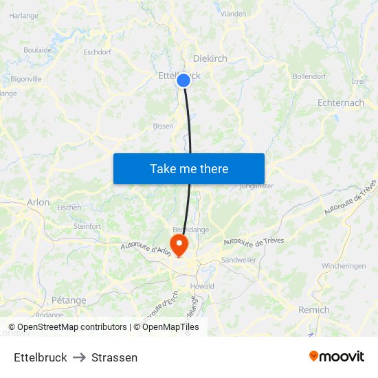Ettelbruck to Strassen map