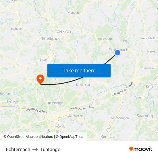 Echternach to Tuntange map