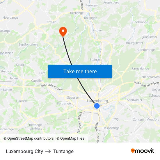 Luxembourg City to Tuntange map