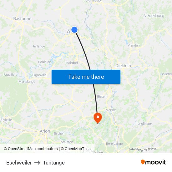 Eschweiler to Tuntange map
