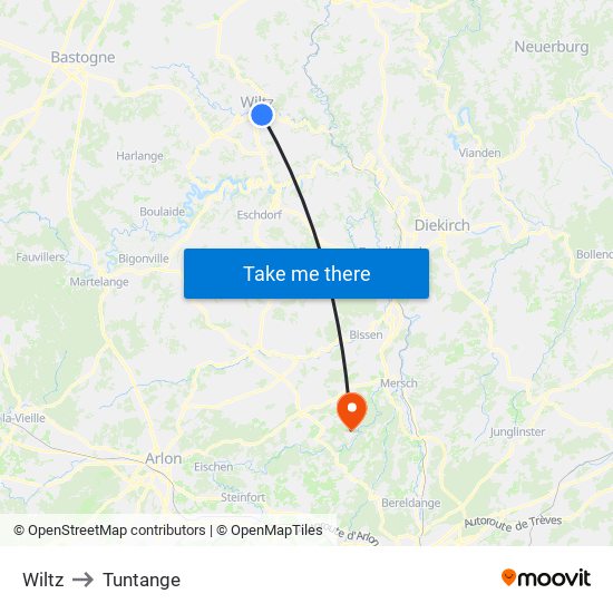 Wiltz to Tuntange map