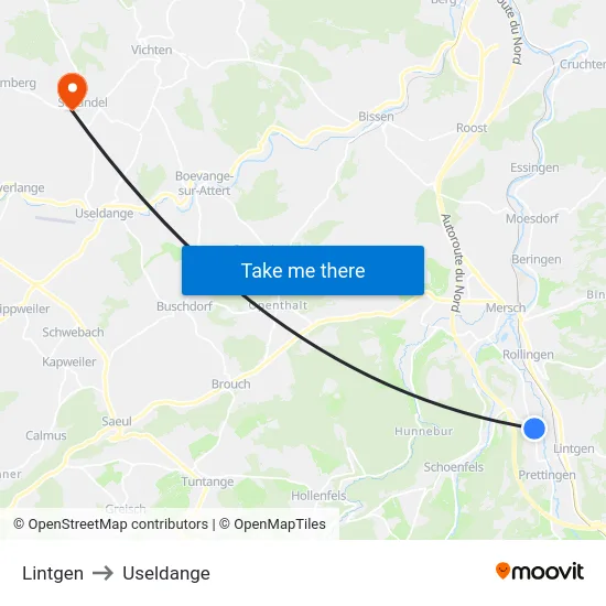 Lintgen to Useldange map