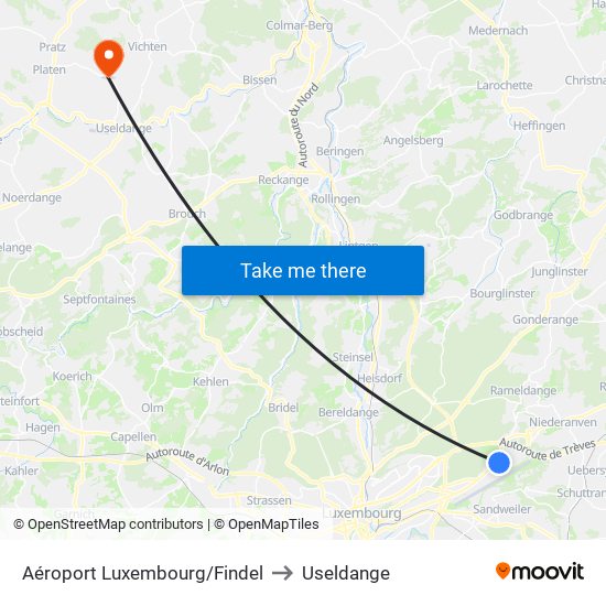 Aéroport Luxembourg/Findel to Useldange map