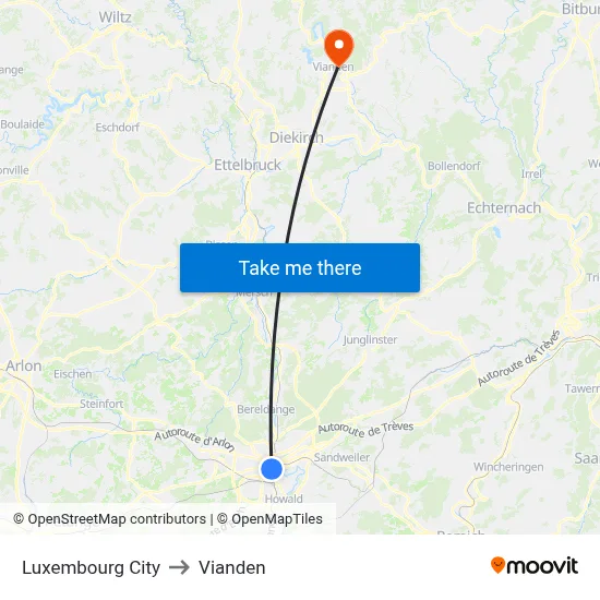 Luxembourg City to Vianden map