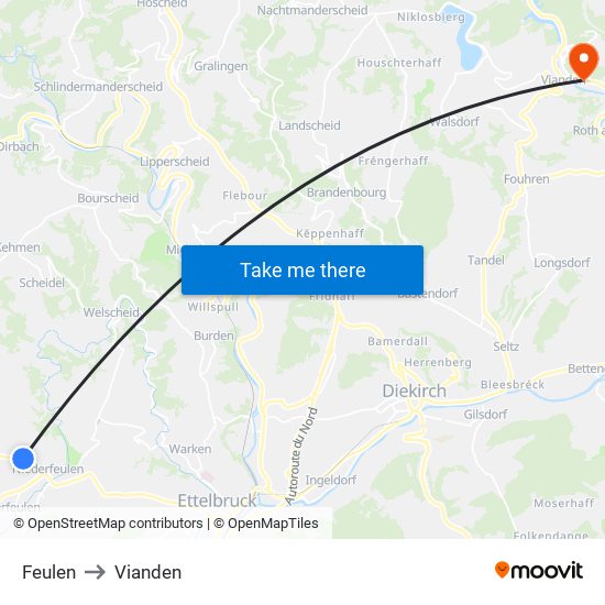Feulen to Vianden map