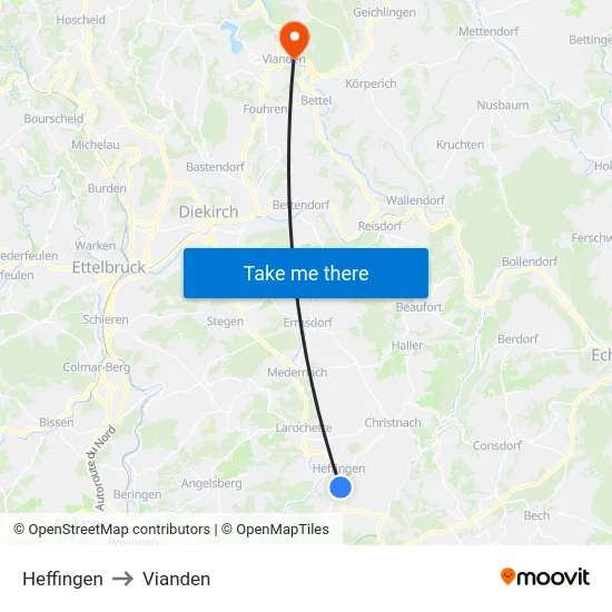Heffingen to Vianden map