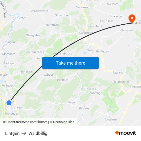 Lintgen to Waldbillig map