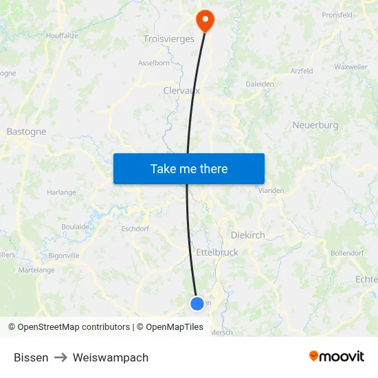 Bissen to Weiswampach map