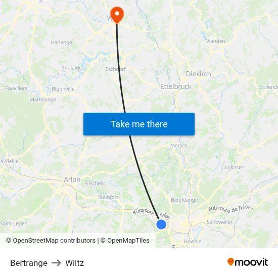 Bertrange to Wiltz map