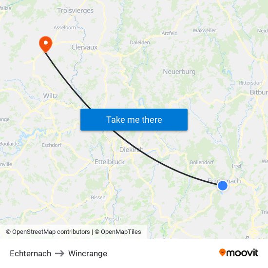 Echternach to Wincrange map