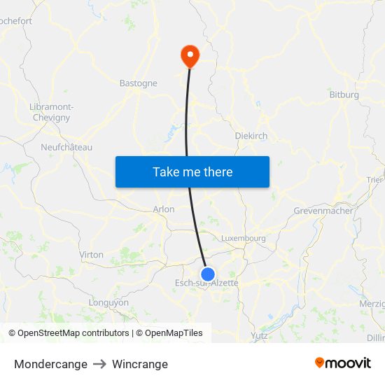 Mondercange to Wincrange map