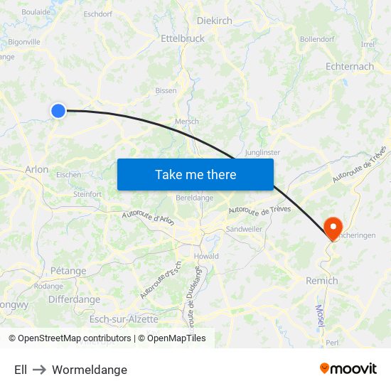 Ell to Wormeldange map