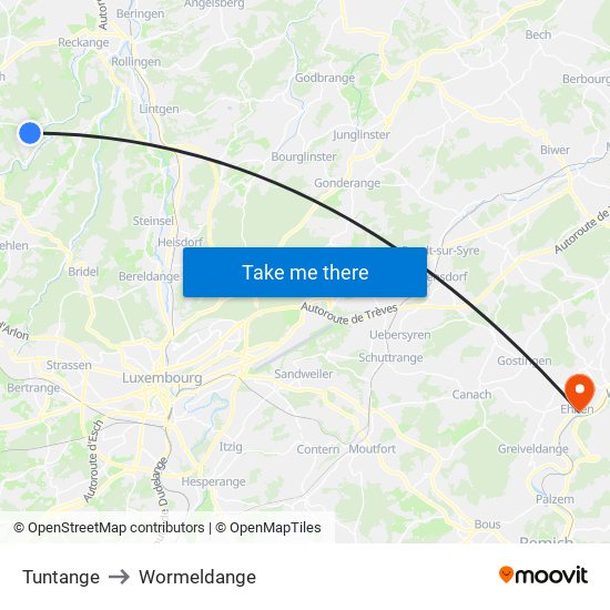 Tuntange to Wormeldange map