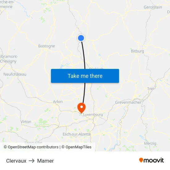 Clervaux to Mamer map