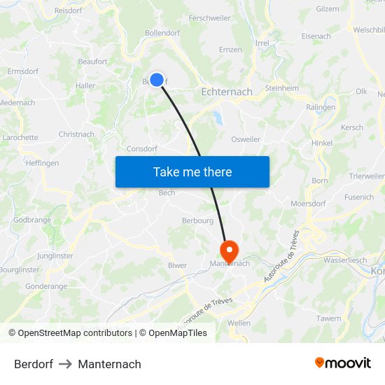 Berdorf to Manternach map