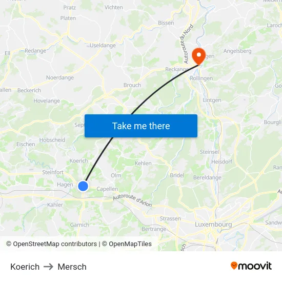 Koerich to Mersch map