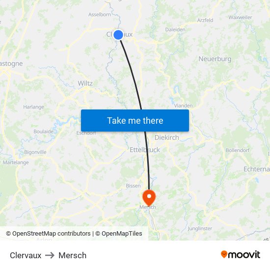 Clervaux to Mersch map