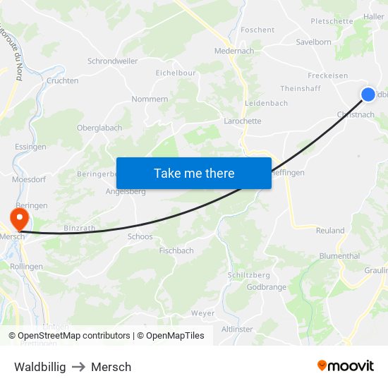 Waldbillig to Mersch map