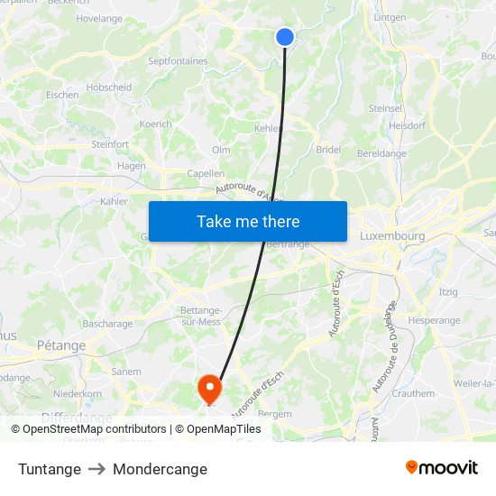 Tuntange to Mondercange map