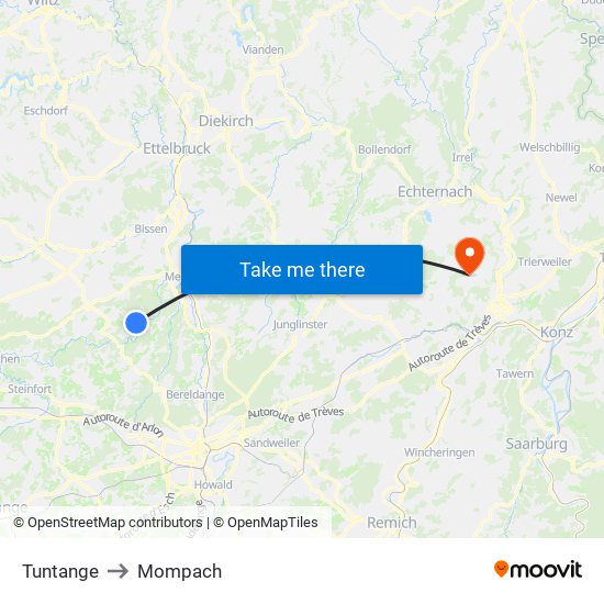 Tuntange to Mompach map