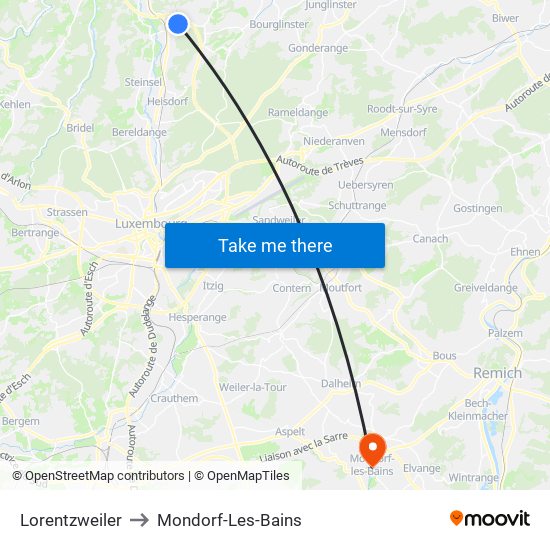Lorentzweiler to Mondorf-Les-Bains map