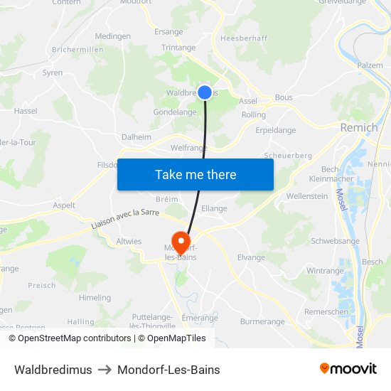 Waldbredimus to Mondorf-Les-Bains map